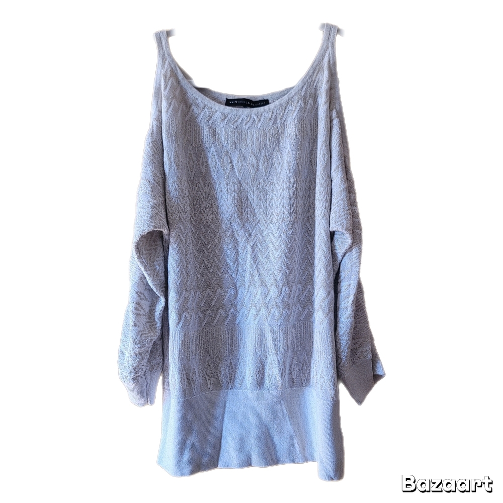 White House Black Market Top L Large Knit White Gold Thread Cold Shoulder